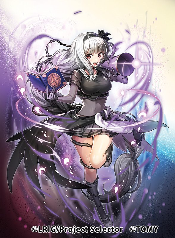 1girl, alfou_(wixoss), aura, black_gloves, black_hair, black_hairband, black_shirt, black_skirt