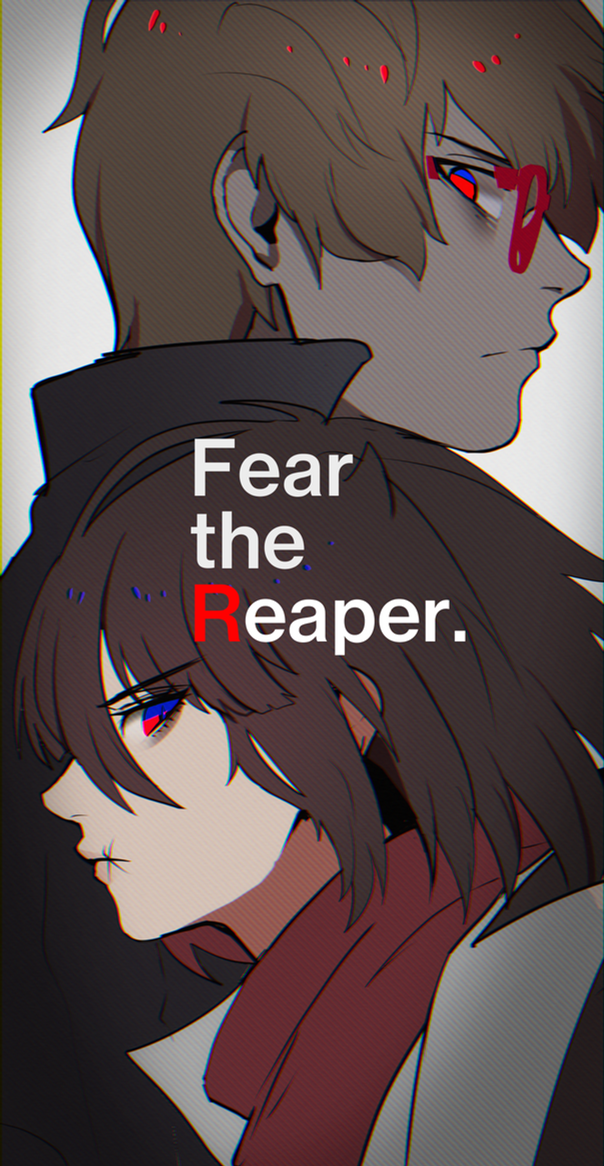 1boy, 1girl, black_coat, black_hair, blonde_hair, blue_eyes, bob_cut, chase_(i'm_the_grim_reaper)