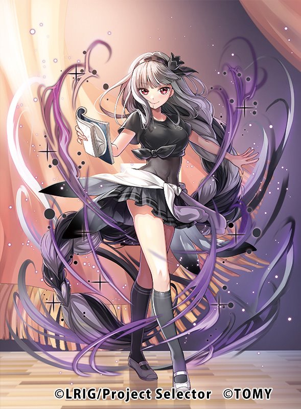 1girl, alfou_(wixoss), aura, black_hair, black_hairband, black_skirt, black_socks, book