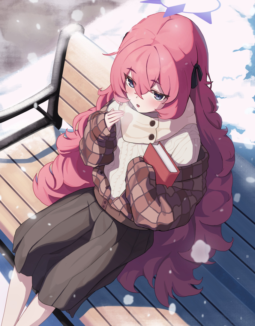 1girl, absurdres, alternate_costume, bench, black_skirt, blue_archive, blue_eyes, book, breath, brown_jacket, commentary, cropped_legs, fluffy_hair, from_above, hair_ribbon, halo, highres, holding, holding_book, ieasty11, iroha_(blue_archive), jacket, long_hair, long_sleeves, on_bench, outdoors, purple_halo, red_hair, ribbon, scarf, sitting, skirt, snow, snowing, solo, sweater, very_long_hair, white_sweater, winter, winter_clothes