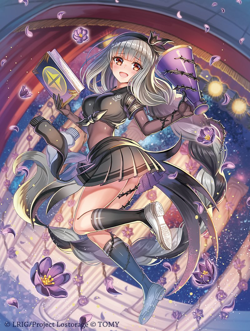 1girl, alfou_(wixoss), black_hair, black_hairband, black_shirt, black_skirt, black_socks, book