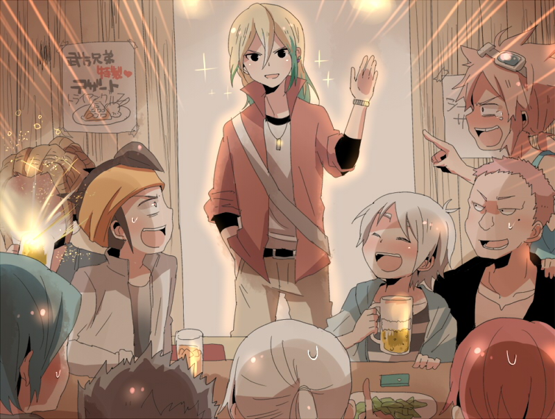 beer, blue_hair, brown_hair, dreadlocks, drinking, endou_mamoru, food, fubuki_shirou