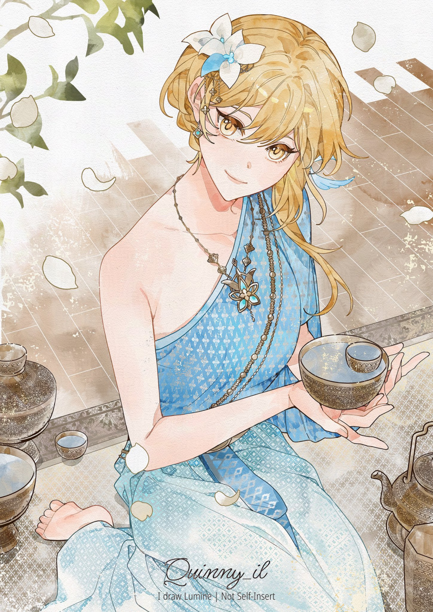 1girl, blonde_hair, blue_dress, closed_mouth, commentary_request, cup, dress, earrings