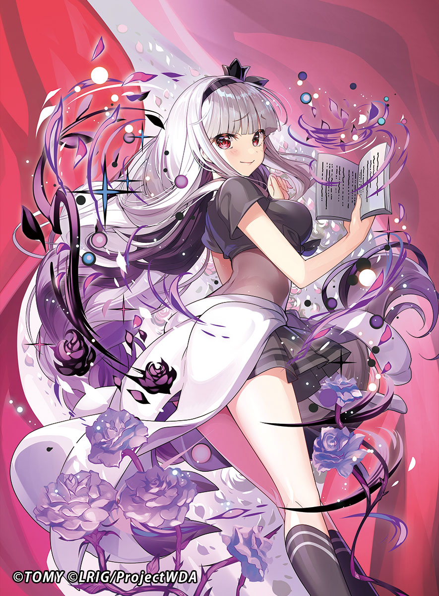 1girl, alfou_(wixoss), black_hair, black_hairband, black_shirt, black_skirt, book, braid, chachie, closed_mouth, clothes_around_waist, copyright_notice, flower, grey_hair, hairband, highres, holding, holding_book, long_hair, looking_back, multicolored_hair, official_art, open_book, purple_flower, purple_petals, red_eyes, shirt, short_sleeves, single_braid, skirt, solo, sparkle, very_long_hair, wixoss