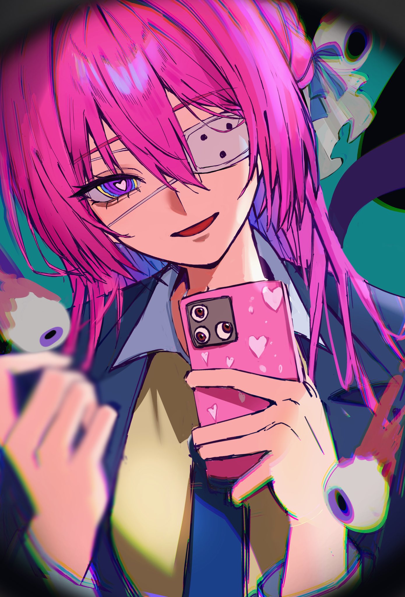 1girl, blue_jacket, blue_necktie, blue_ribbon, cellphone, collared_shirt, disembodied_eye, dorothy_(nikke), eyepatch, fisheye, goddess_of_victory:_nikke, hair_bun, hair_ribbon, heart, heart-shaped_pupils, highres, holding, holding_phone, jacket, kumi_(nikke985427849), looking_at_viewer, medical_eyepatch, necktie, phone, pink_hair, pov_peephole, ribbon, shirt, single_side_bun, smartphone, smile, solo, standing, symbol-shaped_pupils, violet_eyes, yellow_shirt