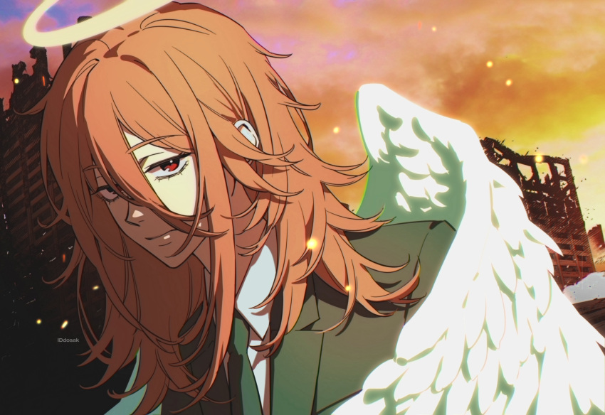 1boy, absurdres, angel, angel_devil_(chainsaw_man), angel_wings, black_necktie, black_suit, brown_hair, chainsaw_man, closed_mouth, clouds, cloudy_sky, collared_shirt, dosak, evening, feathered_wings, hair_between_eyes, halo, highres, long_hair, long_hair_between_eyes, looking_at_viewer, male_focus, necktie, outdoors, red_eyes, ruins, shirt, sky, suit, traditional_halo, upper_body, white_wings, wings