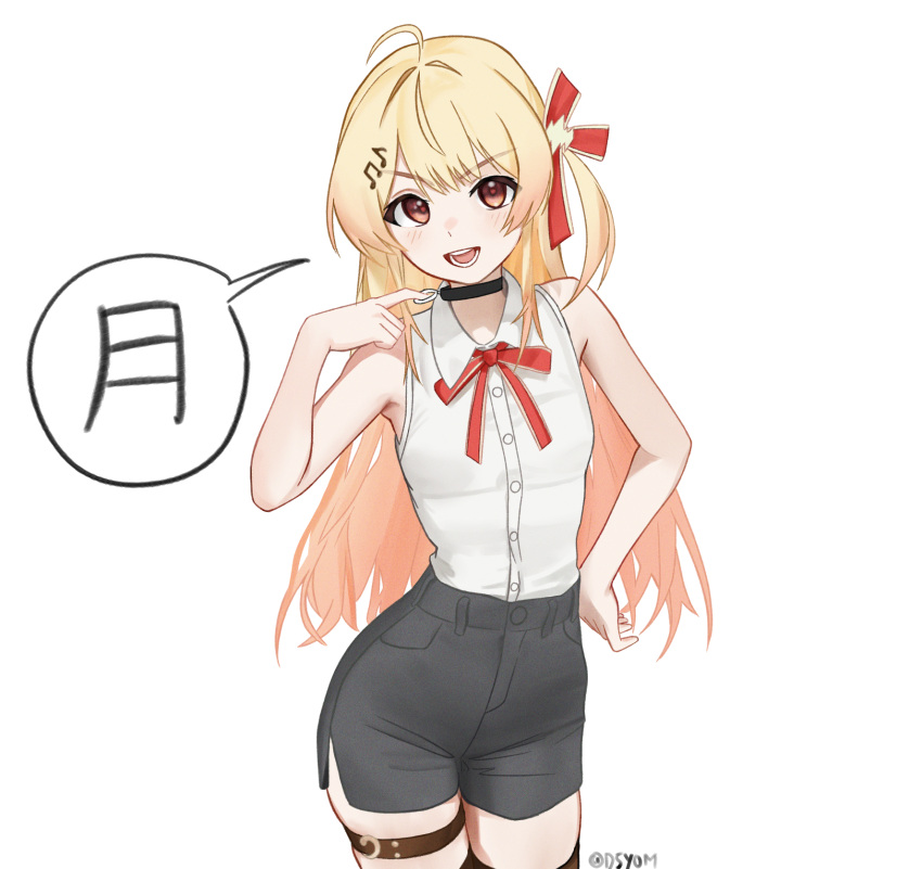 1girl, ahoge, bare_shoulders, black_shorts, blonde_hair, bow, buttons, chainsaw_man, choker, cosplay, d5y0m, hair_ornament, hand_on_own_hip, highres, hololive, long_hair, looking_at_viewer, musical_note, open_mouth, otonose_kanade, red_ribbon, regloss_(hololive), reze_(chainsaw_man), reze_(chainsaw_man)_(cosplay), ribbon, shirt, shorts, side_ponytail, simple_background, sleeveless, sleeveless_shirt, solo, speech_bubble, virtual_youtuber, white_shirt, yellow_eyes