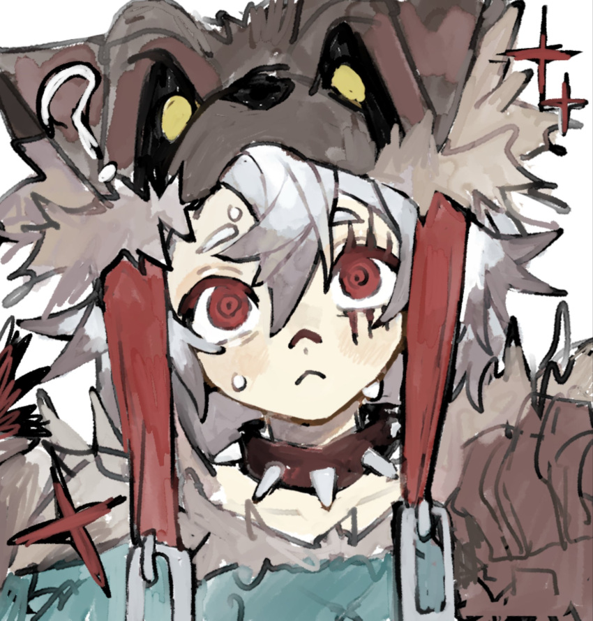1boy, :<, ?, brown_choker, brown_hat, chamopichamo, choker, gachiakuta