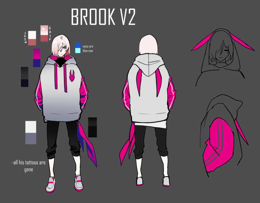 1boy, animal_ear_hood, black_pants, blue_eyes, brook_(i'm_the_grim_reaper), character_name, commentary, english_commentary