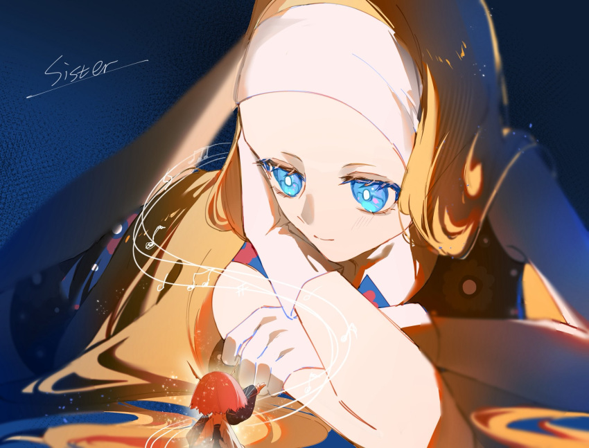 2girls, bare_shoulders, blonde_hair, blue_eyes, closed_mouth, english_text, gloves, hairband