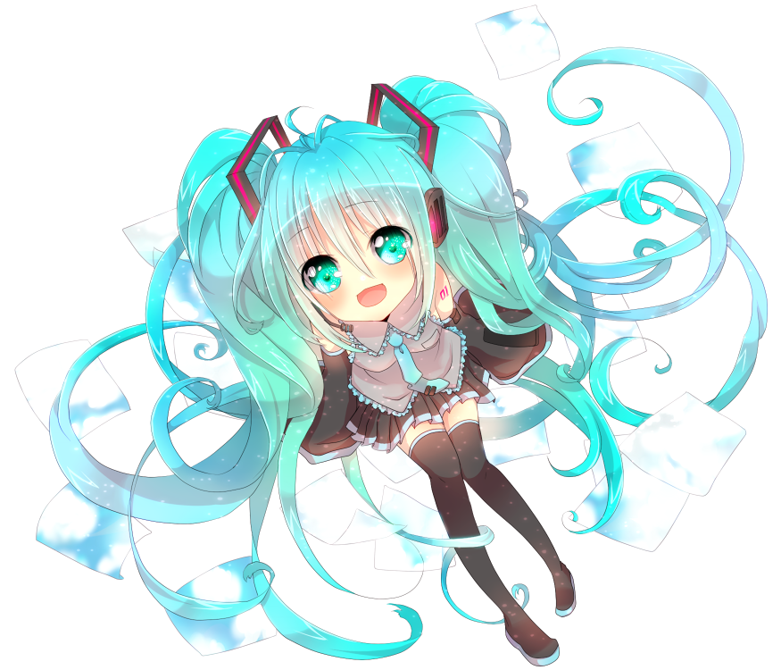 aqua_eyes, aqua_hair, bad_id, boots, detached_sleeves, from_above, hatsune_miku, headset