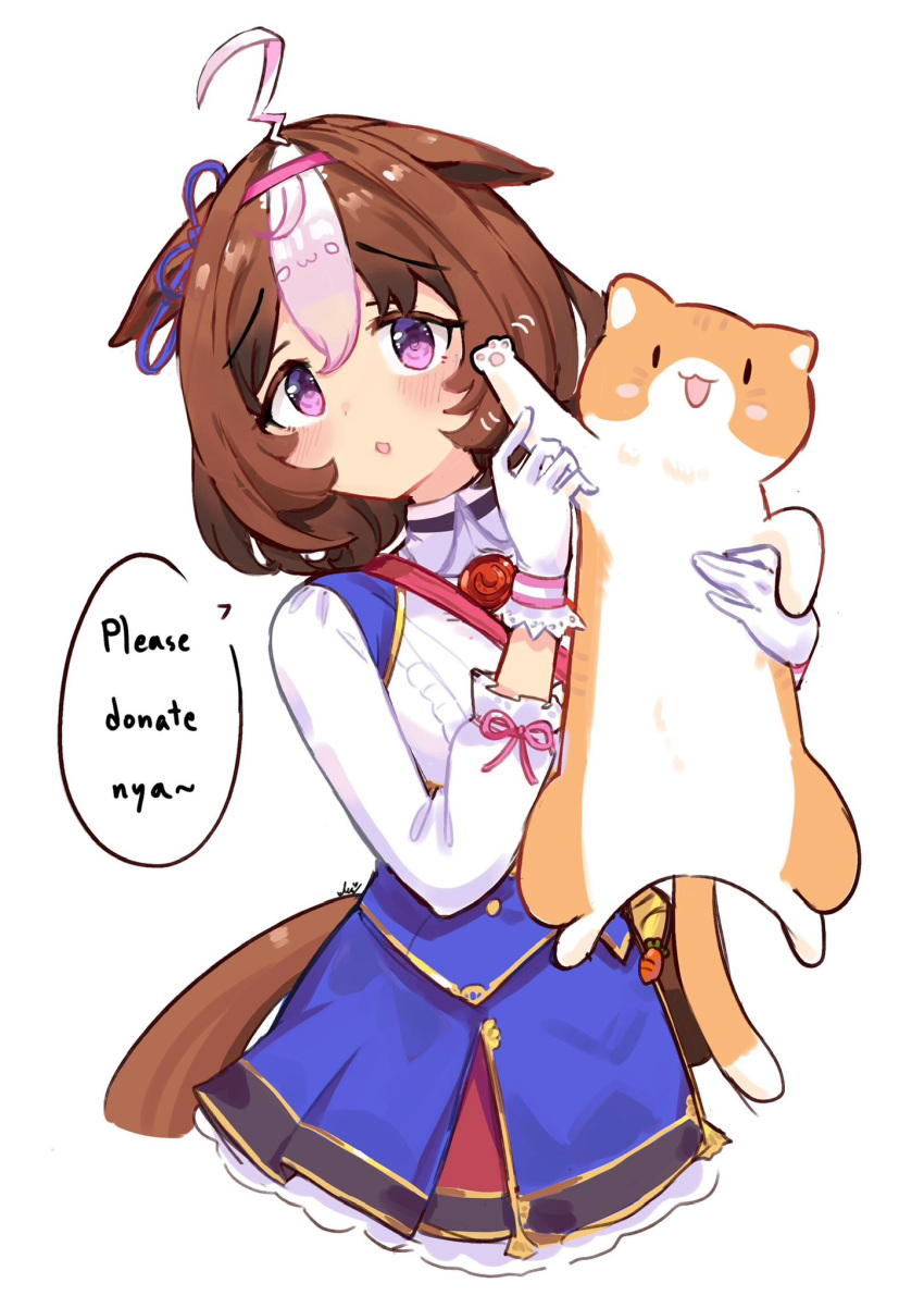 1girl, ahoge, animal, animal_ears, bag, between_breasts, blue_dress, blush