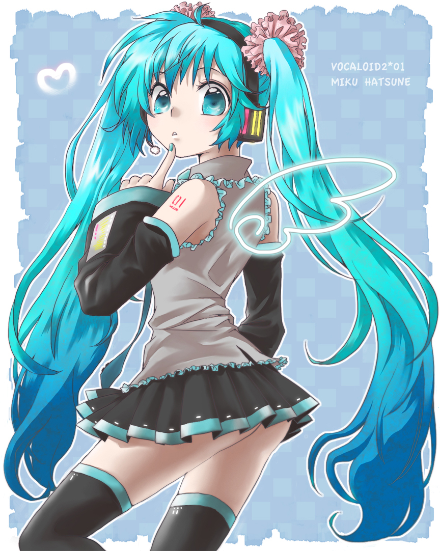 aqua_eyes, aqua_hair, detached_sleeves, hatsune_miku, headset, long_hair, necktie, skirt