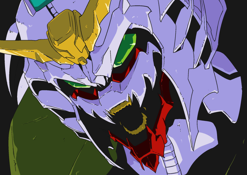 close-up, fangs, g_gundam, gicchon, green_eyes, gundam, highres, joints, mecha, mobile_suit, nested_mouths, no_humans, no_pupils, portrait, robot, robot_joints, science_fiction, sharp_teeth, teeth, v-fin, walter_gundam