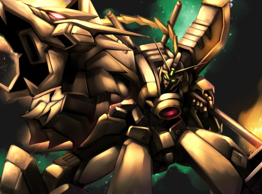 armor, aura, chest_jewel, dragon_gundam, fighting_stance, fire, flag, g_gundam, gem, glowing, glowing_eyes, green_eyes, gundam, haganef, highres, holding, holding_flag, holding_weapon, hyper_mode_(gundam), joints, looking_at_viewer, mecha, mobile_suit, no_humans, official_alternate_color, ponytail, red_eyes, red_gemstone, robot, robot_joints, science_fiction, sheath, sheathed, shoulder_armor, squatting, v-fin, weapon