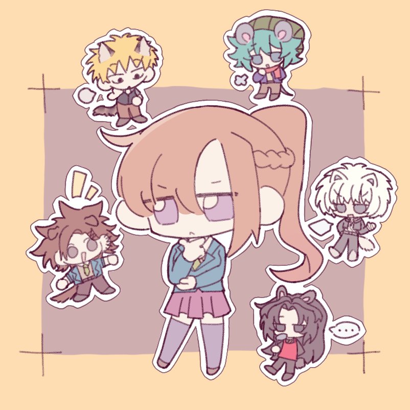 1girl, 5boys, animal_ears, aqua_hair, bigu_uuu, black_hair, blonde_hair, braid, brown_hair, chidouin_sara, dog_ears, dog_tail, high_ponytail, hiyori_sou, kageyama_ranmaru, kimi_ga_shine, long_hair, multiple_boys, open_mouth, pink_skirt, pleated_skirt, ponytail, satou_kai, shinogi_keiji, single_sidelock, skirt, smile, tail, tazuna_joe