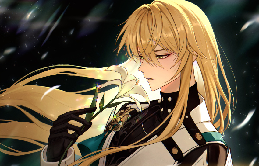 1boy, black_background, black_gloves, blonde_hair, commentary, flower, gloves, green_eyes