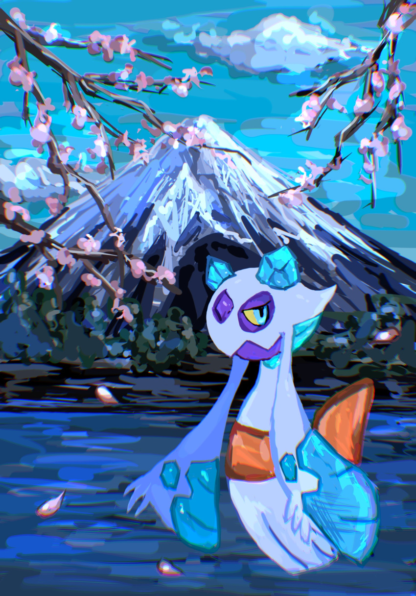 blue_eyes, cherry_blossoms, closed_mouth, clouds, colored_sclera, froslass, full_body, ghost