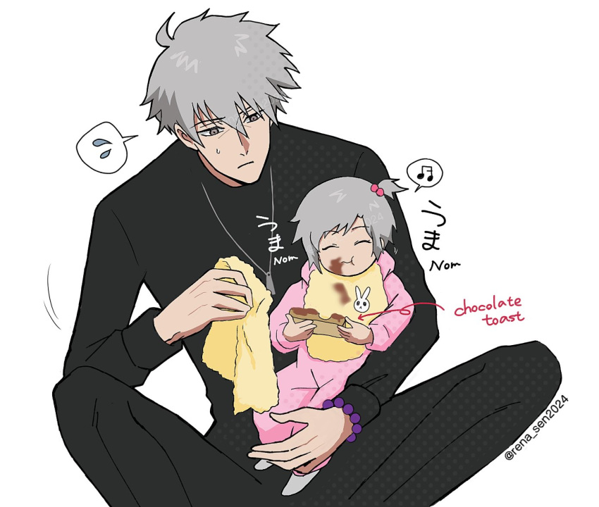 1boy, 1girl, :t, baby, bib, black_shirt, carrying, carrying_baby, carrying_person, crossed_ankles, eating, english_text, feet_out_of_frame, ghostblade_(to_be_hero_x), grey_eyes, grey_hair, holding_rag, jewelry, necklace, on_ground, one_side_up, parent_and_child, rena_sen2024, rosary, shirt, short_hair, smile, sound_effects, spoken_emoji, to_be_hero, to_be_hero_x, translation_request, wang_nuonuo