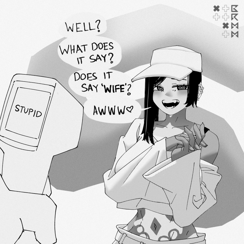 1girl, @_@, absurdres, baseball_cap, black_hair, breasts, cat_detector_(meme), disembodied_hand, ear_piercing, english_text, grmm, gyaru, hat, highres, holding_temperature_scanner, infrared_thermometer, large_breasts, looking_at_viewer, meme, monochrome, navel, original, own_hands_together, piercing, single_bang, tagme, tan, tanlines, temperature_scanner, tili_(grmm)