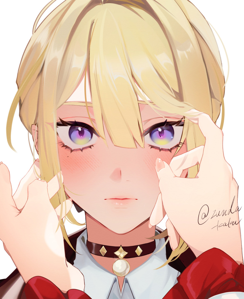 2girls, artist_name, astra_yao, blonde_hair, blush, coat, collar, commentary