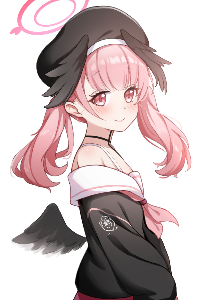 1girl, absurdres, bare_shoulders, beret, black_choker, black_hat, black_shirt, black_wings
