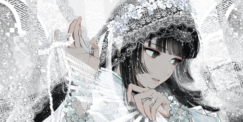 1girl, absurdres, black_eyes, black_hair, blunt_bangs, commentary, dress, expressionless, eyelashes, flower, flower_hairband, folding_fan, frilled_wrist_cuffs, frills, hair_flower, hair_ornament, hand_fan, highres, holding, holding_fan, jewelry, kazari_tayu, lace, lace-trimmed_fan, lace_ribbon, lace_veil, long_hair, looking_to_the_side, original, parted_lips, portrait, ring, sidelocks, solo, straight_hair, veil, wedding_ring, white_dress, white_flower, white_theme, white_veil, wrist_cuffs