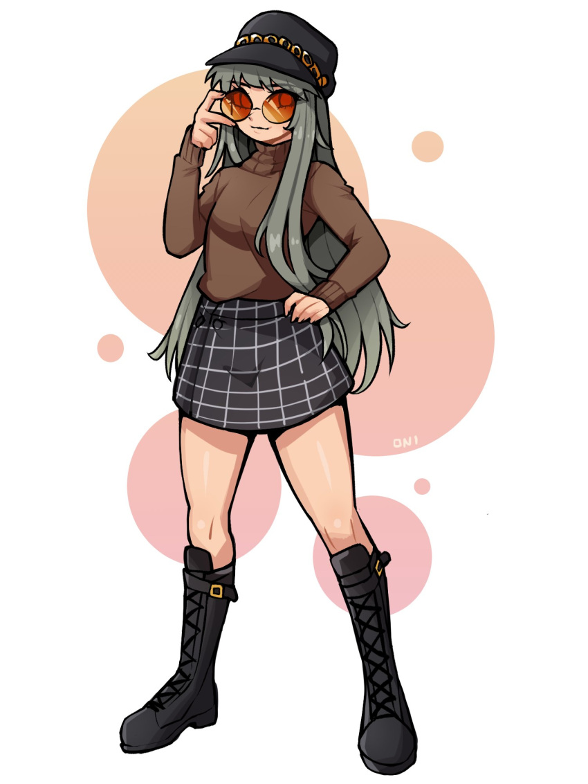 1girl, black_boots, black_hat, black_skirt, boots, brown_sweater, choppy_bangs, closed_mouth