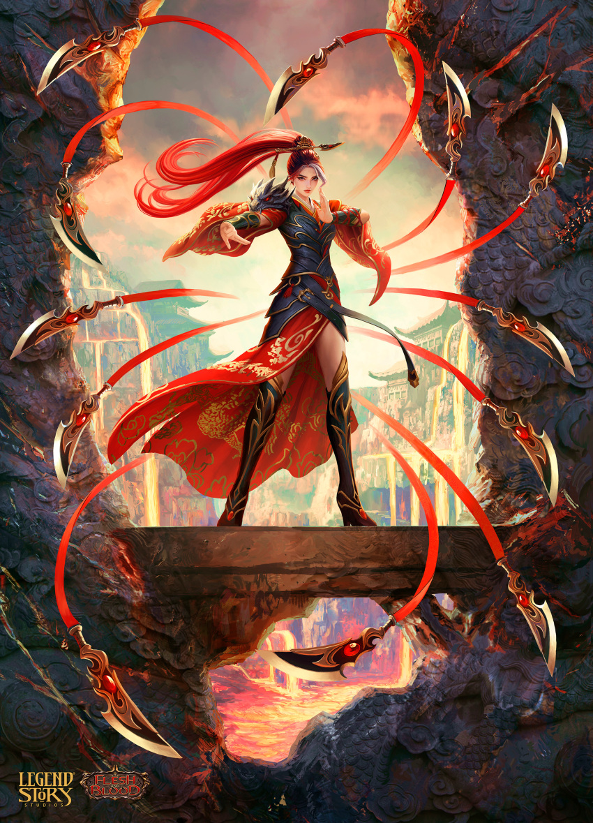 1girl, absurdres, architecture, cindra_(flesh_and_blood), copyright_name, east_asian_architecture, flesh_and_blood, full_body