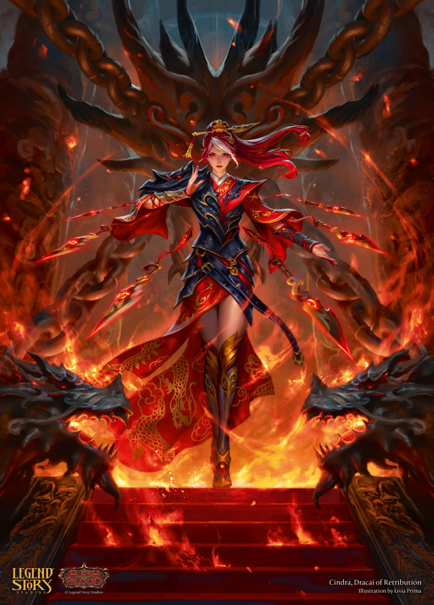 1girl, artist_name, chain, character_name, cindra_(flesh_and_blood), closed_mouth, copyright_name, dragon_statue