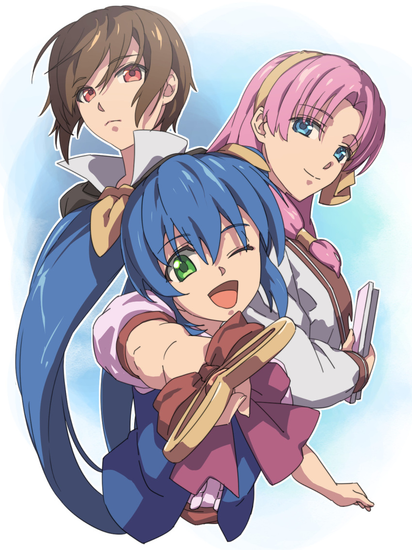 3girls, ;d, alisa_(kaerunyo_panyon), blue_eyes, blue_hair, brown_hair, chiharu_(9654784), green_eyes, hairband, headband, highres, holding, holding_wand, kaerunyo_panyon, kagura_izumi, looking_at_viewer, multiple_girls, musell_classmine, one_eye_closed, open_mouth, pastel_chime, pastel_chime_-koi_no_skill_up-, pink_hair, red_eyes, red_hair, short_hair, smile, twintails, wand, yellow_hairband, yoru_ga_kuru!