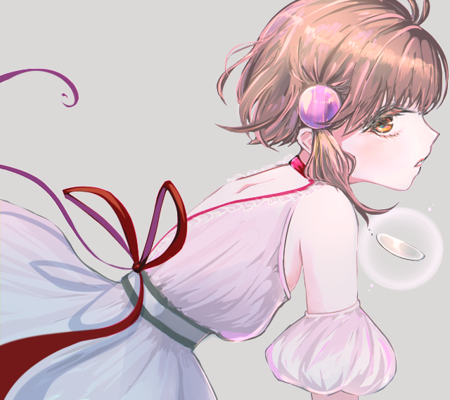 1girl, bare_shoulders, brown_hair, dress, lens, looking_at_viewer, orange_eyes, profile