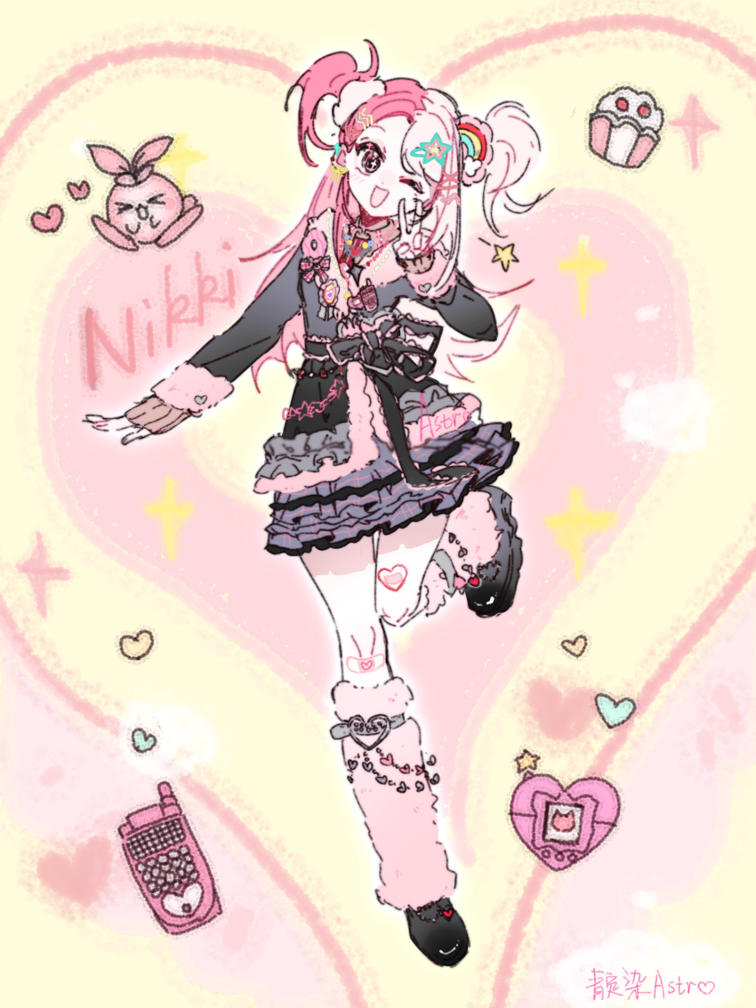>_<, 1girl, animal, artist_name, badge, bandaid, bandaid_on_knee, bandaid_on_leg, bead_necklace, beads, belt, belt_buckle, black_jacket, black_ribbon, black_shoes, blushbunny_(infinity_nikki), brown_eyes, buckle, cellphone, chinese_commentary, collared_shirt, commentary_request, copyright_name, cupcake, eyelashes, flip_phone, food, frilled_jacket, frilled_ribbon, frilled_skirt, frills, full_body, fur-trimmed_jacket, fur_trim, grey_belt, grey_skirt, gyaru, hair_ornament, hair_scrunchie, hairclip, happy, head_tilt, heart, heart-shaped_bandaid, heart-shaped_buckle, heart_background, heart_hair_ornament, highres, infinity_nikki, jacket, jewelry, knees, leg_belt, leg_up, leg_warmers, loafers, long_hair, long_sleeves, miniskirt, multicolored_hair, necklace, nikki_(series), one_eye_closed, open_mouth, outline, parallel_hairclips, phone, pink_arm_warmers, pink_background, pink_hair, pink_leg_warmers, pink_scrunchie, pink_shirt, plaid_clothes, plaid_skirt, pleated_skirt, rabbit, rainbow_hair_ornament, ribbon, rosie_sweetheart_(infinity_nikki), scrunchie, shirt, shoes, skirt, smile, solo, sparkle, split-color_hair, standing, star_(symbol), star_hair_ornament, studded_belt, tamagotchi_(virtual_pet), two-tone_background, two_side_up, v, very_long_hair, virtual_pet_(toy), waist_ribbon, white_outline, x_hair_ornament, y2k_fashion, yellow_background, zhenzhunaicha14817
