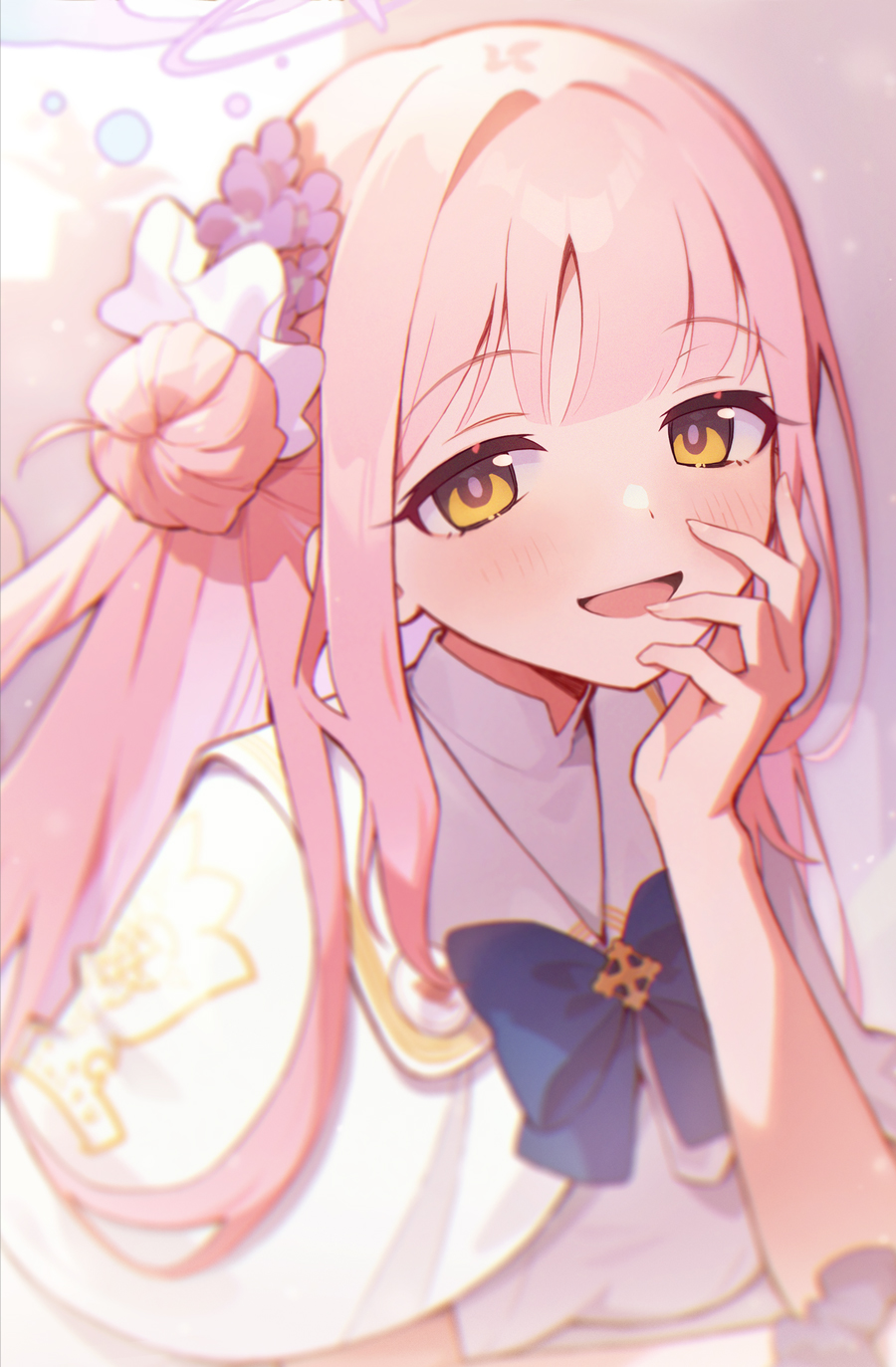1girl, blue_archive, blue_bow, blush, bow, breasts, capelet, commentary_request
