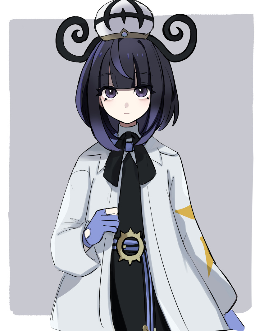 1girl, absurdres, belt, belt_buckle, black_dress, black_hair, blunt_bangs, border