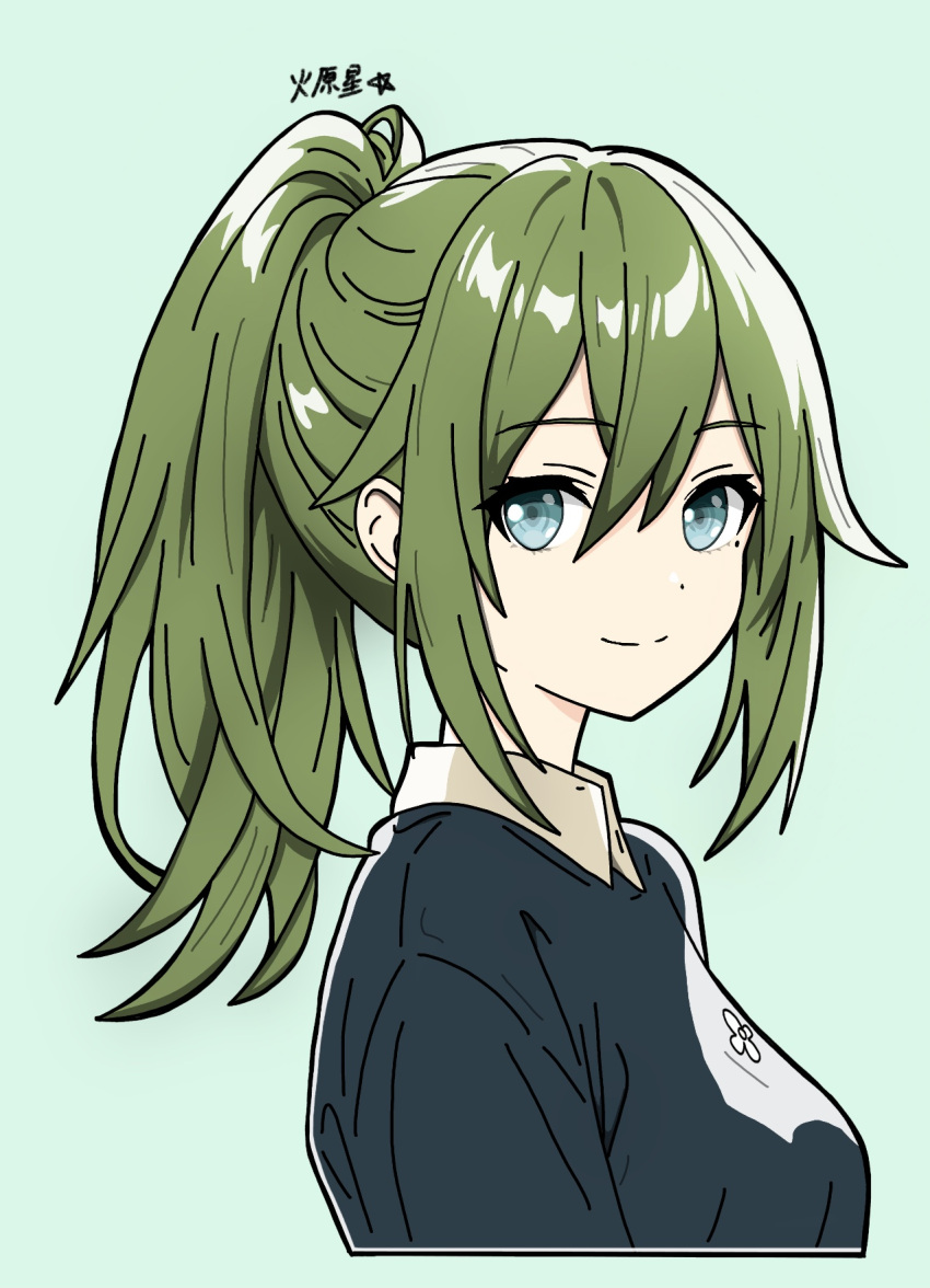 1girl, blue_eyes, blue_shirt, closed_mouth, commentary, commentary_request, english_commentary, from_side
