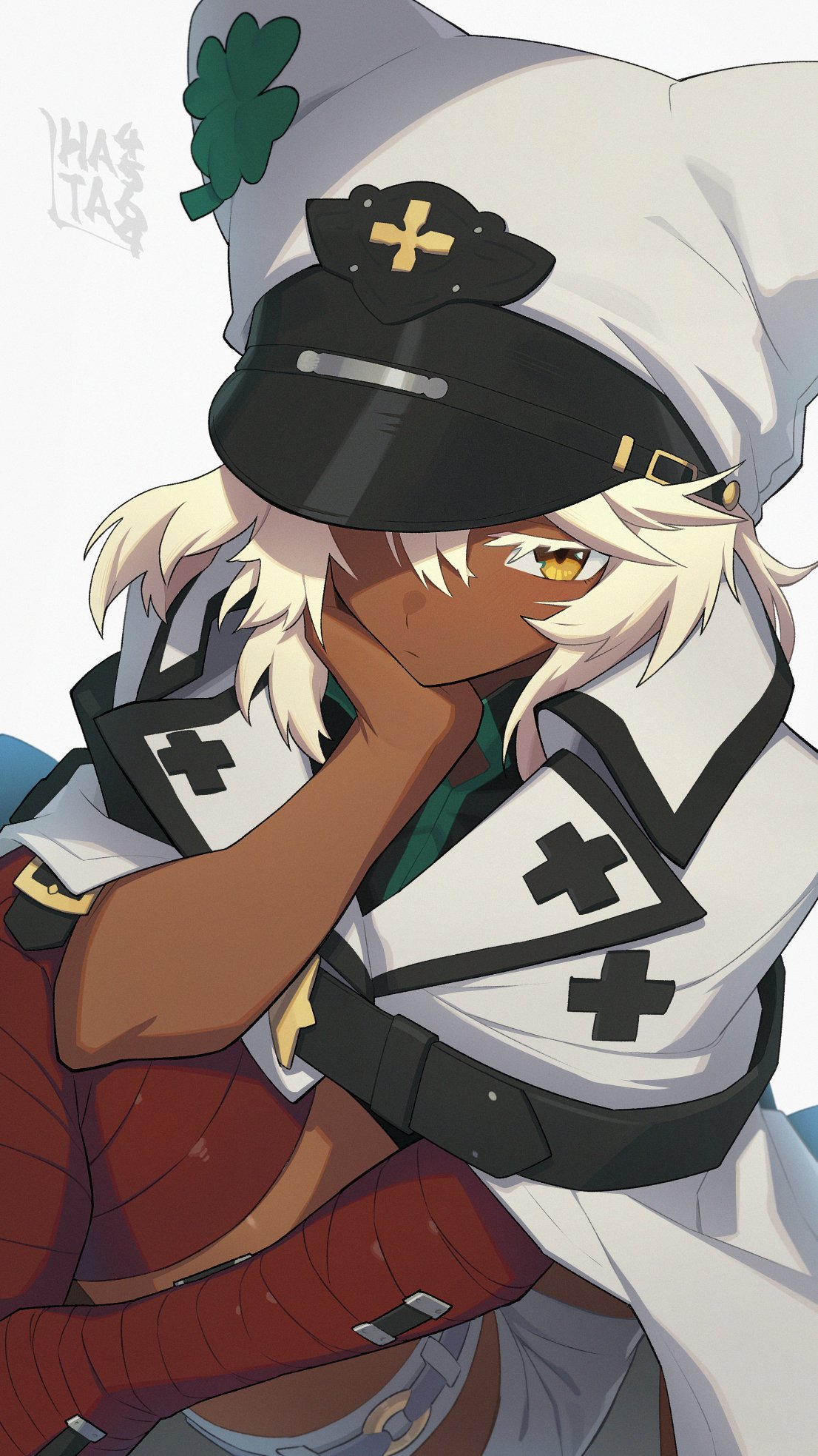 1girl, animal_hat, bandaged_arm, bandaged_leg, bandages, belt, black_belt, blonde_hair