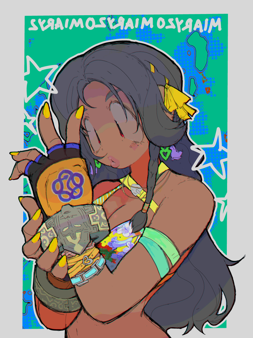 absurdres, bikini, border, commentary, dark-skinned_female, dark_skin, fingerless_gloves, floral_print, floral_print_bikini, gloves, highres, long_hair, miary_zo, print_bikini, pyoko_(sandwicha), swimsuit, tekken, tekken_8, yellow_nails