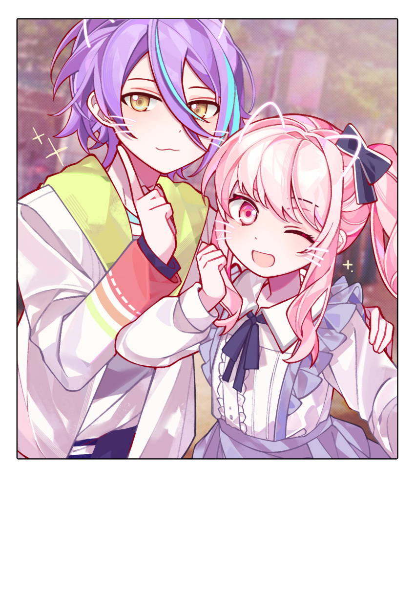 1boy, 1other, :3, ;d, akiyama_mizuki, black_bow, black_ribbon, blue_hair