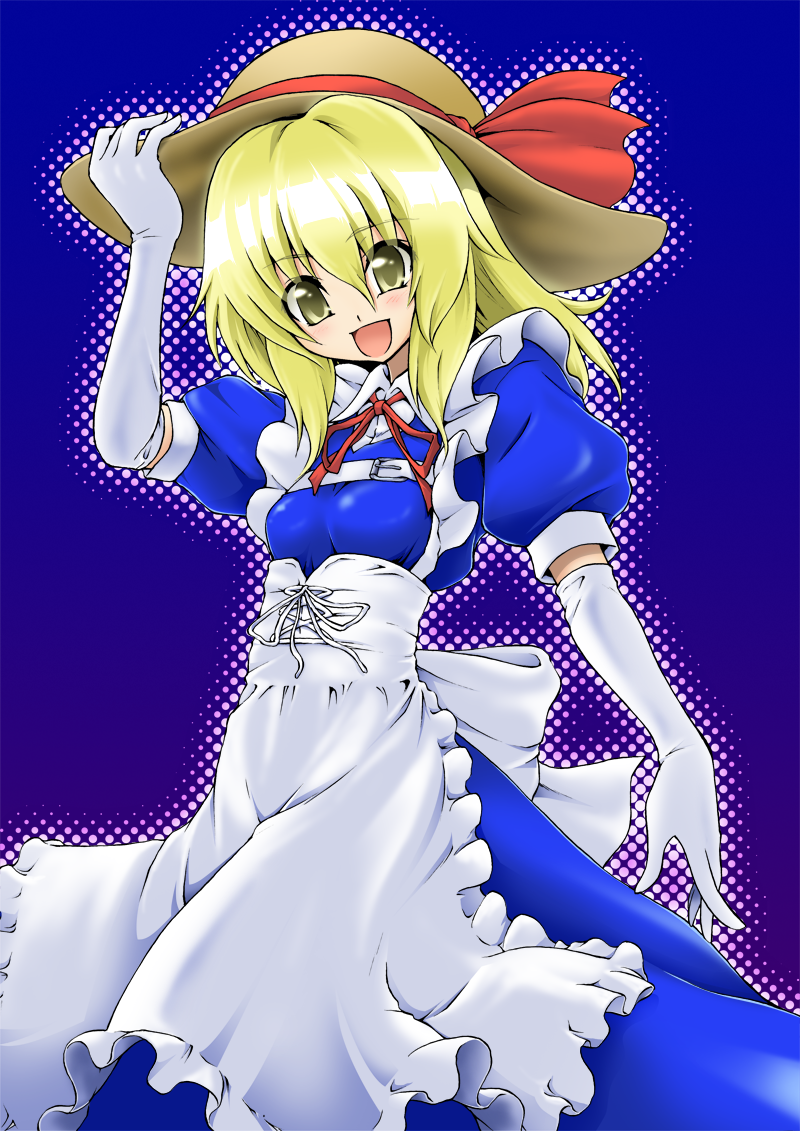 :d, apron, blonde_hair, elbow_gloves, gloves, hat, hat_ribbon, kana_anaberal, katoryu_gotoku, long_hair, open_mouth, ribbon, smile, solo, touhou, touhou_(pc-98), yellow_eyes