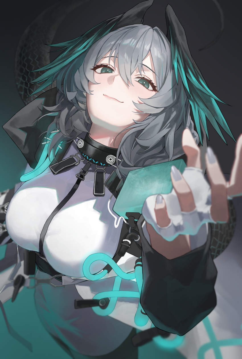 1girl, absurdres, arknights, between_breasts, blue_eyes, breasts, closed_mouth, coat