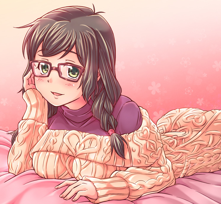 brown_eyes, brown_hair, e20, glasses, houzumi_kaede, lying, on_stomach, open_mouth
