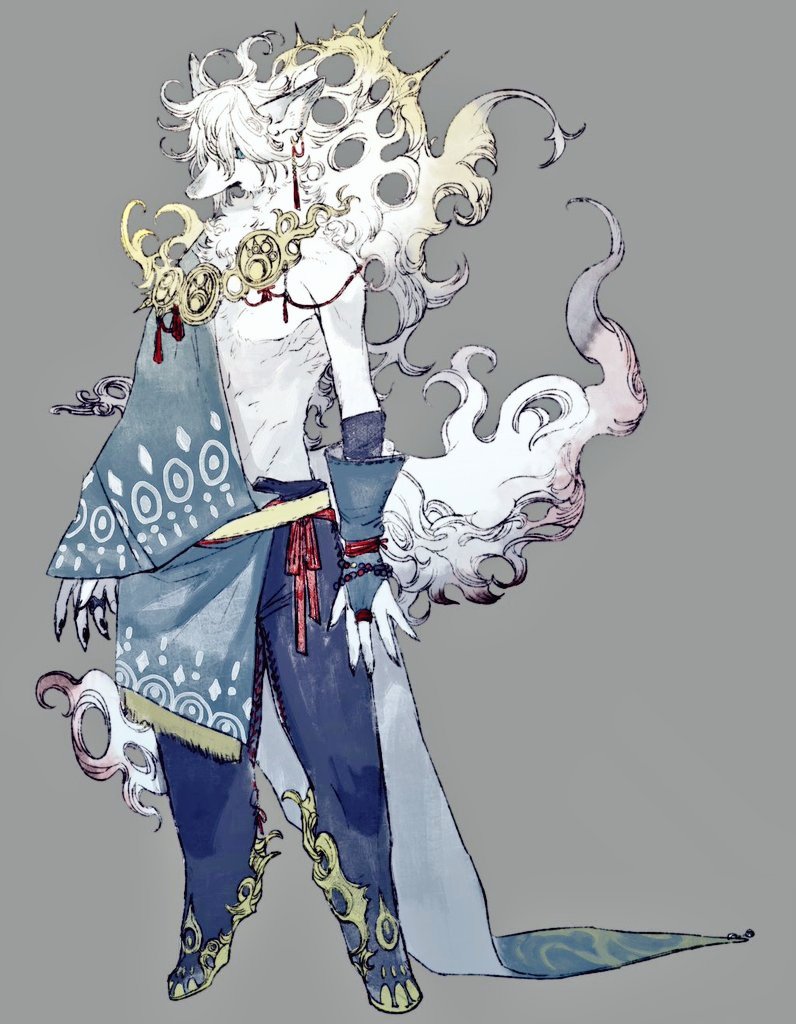 1boy, blue_eyes, body_fur, claws, commentary_request, digitigrade, fingerless_gloves, fuji_166