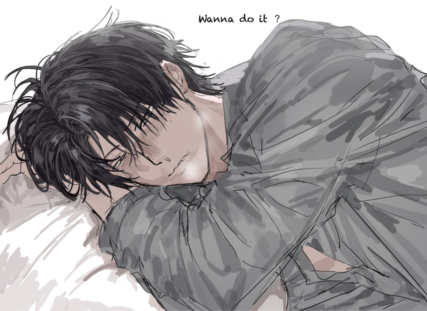 1boy, black_hair, blush, embarrassed, english_text, fang, gg_whale48829, grey_shirt