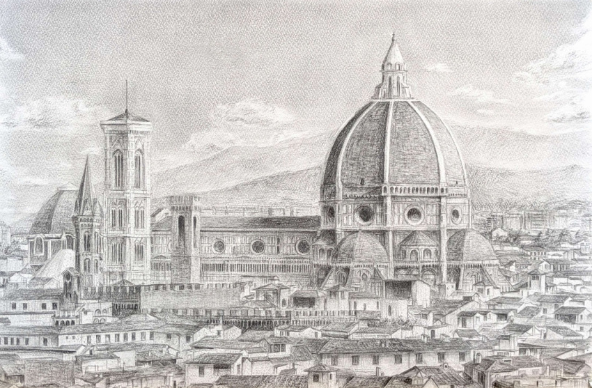 architecture, building, city, commentary_request, dome, florence_(city), gk-8716, graphite_(medium)
