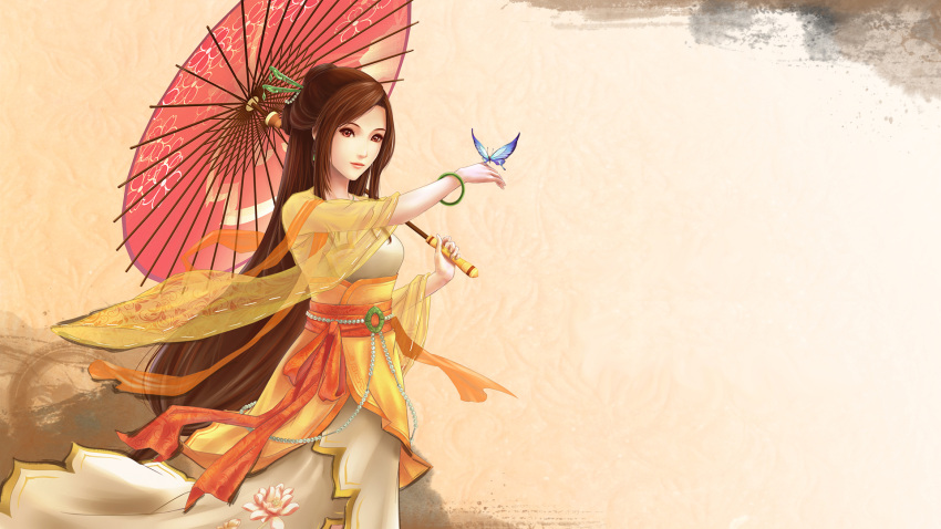 bad_id, bangle, bracelet, brown_hair, butterfly, copyright_request, flower, hair_ornament