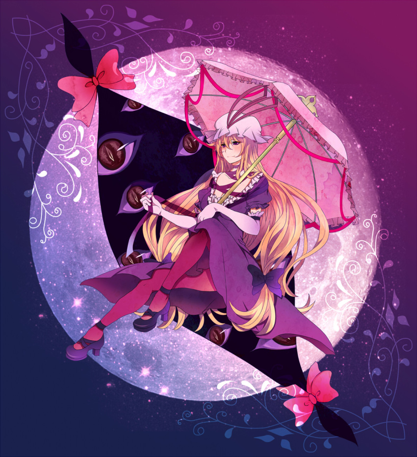 bad_id, blonde_hair, blush, bow, caron_(pixiv276600), dress, elbow_gloves, eyes, frills, gap, gloves, hat, highres, long_hair, pantyhose, parasol, purple_eyes, purple_legwear, red_eyes, slit_pupils, solo, touhou, umbrella, very_long_hair, violet_eyes, yakumo_yukari