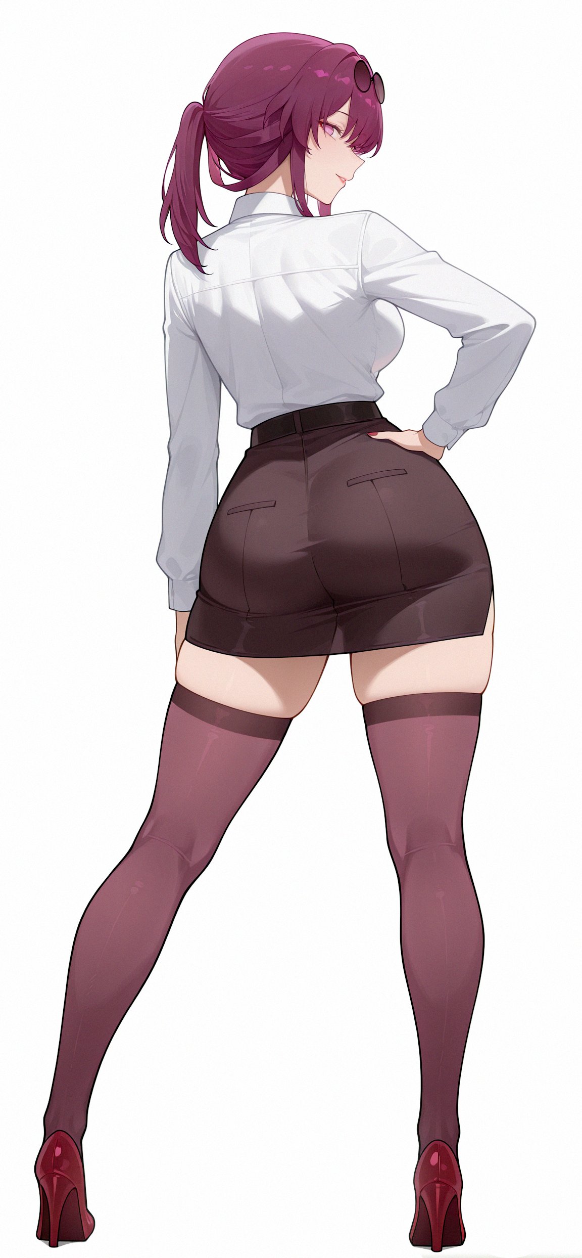 absurdres, ai-generated, alternate_costume, ass, belt, black_skirt, breasts, eyewear_on_head, from_behind, full_body, hand_on_own_hip, heretikka, high_heels, highres, honkai:_star_rail, honkai_(series), huge_ass, kafka_(honkai:_star_rail), looking_at_viewer, narrow_waist, pantyhose, ponytail, purple-tinted_eyewear, purple_hair, purple_pantyhose, round_eyewear, see-through_clothes, see-through_skirt, shirt, sideboob, skirt, sunglasses, teacher, tinted_eyewear, violet_eyes, white_shirt