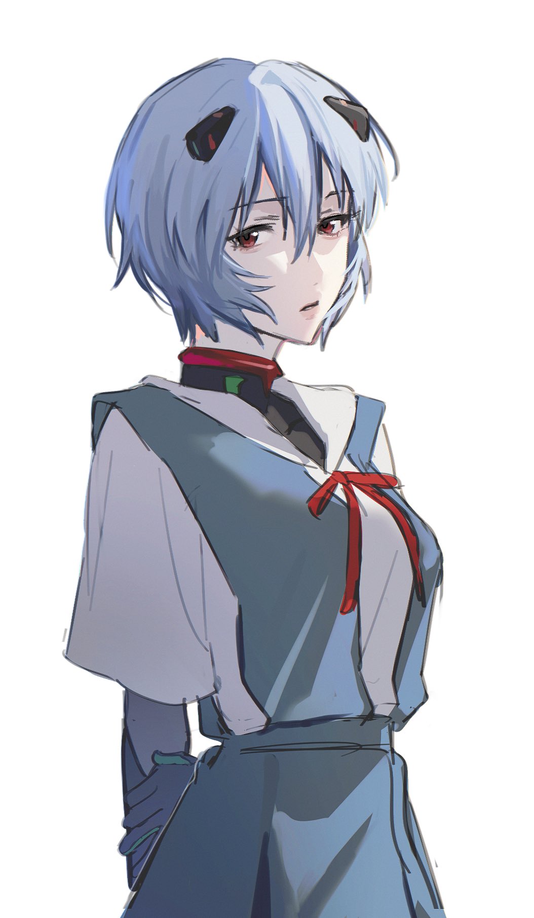 1girl, arm_at_side, arms_behind_back, ayanami_rei, black_bodysuit, blue_hair, blue_skirt, bodysuit