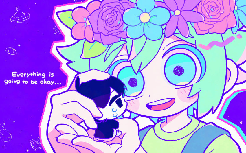 2boys, alternate_costume, basil_(headspace)_(omori), basil_(omori), black_eyes, black_hair, black_shirt, blue_overalls, blush, colored_skin, crying, crying_with_eyes_open, double-parted_bangs, english_text, flower, flower_wreath, green_eyes, green_hair, green_shirt, hair_between_eyes, head_wreath, highres, looking_at_another, male_focus, mini_person, miniboy, multiple_boys, omori, omori_(omori), open_mouth, overalls, shinkyo_enishi, shirt, short_hair, sidelocks, sitting, smile, t-shirt, tears, teeth, tongue, upper_teeth_only, white_skin